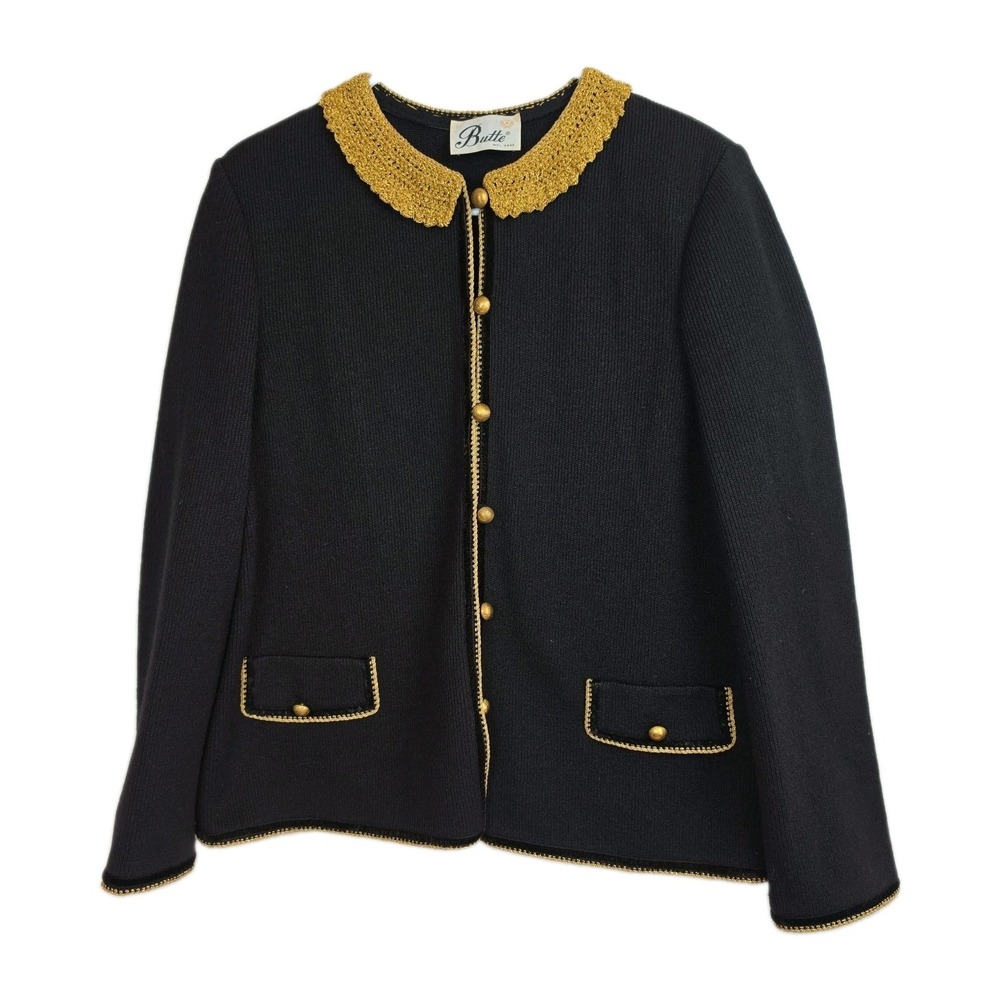 Vintage Butte Knit Cardigan Womens 18 Black Gold Trim Button Front 60s 70s